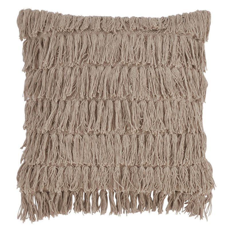 Grey Woven Fringes Square Throw Pillow with Down Filling