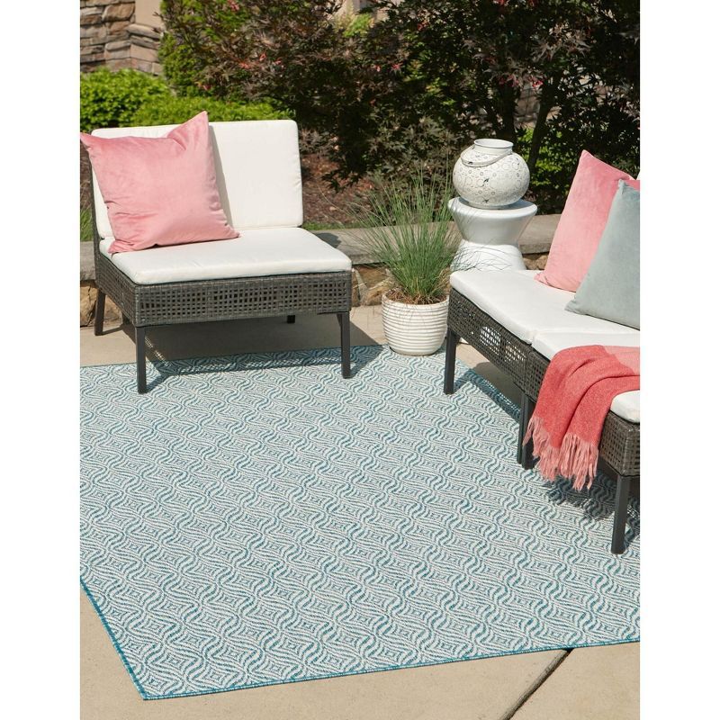 Aqua and Ivory Trellis Outdoor Rectangular Rug