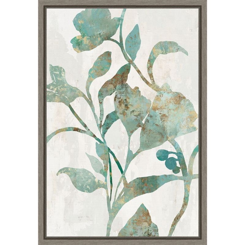 Aqua and Gold Floral Canvas Print with Gray Frame