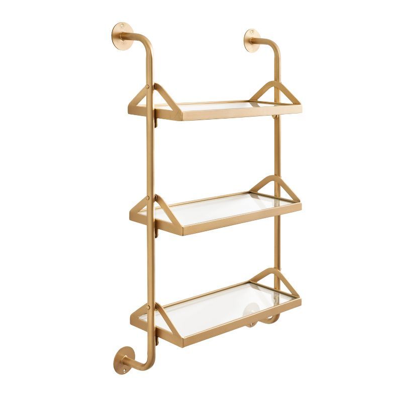 Gold Metal Three-Tier Floating Wall Shelf with Glass