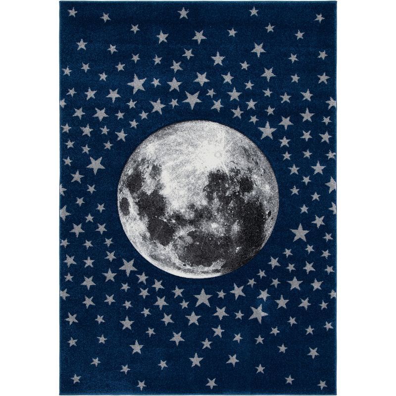 Starry Night Synthetic Round Kids Rug in Navy & Gray - Non-Slip and Stain-Resistant