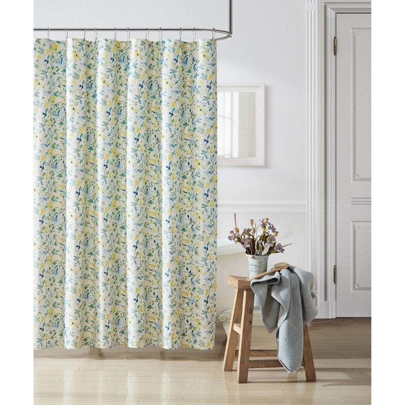 Nora Blue Floral Cotton Shower Curtain with Liner