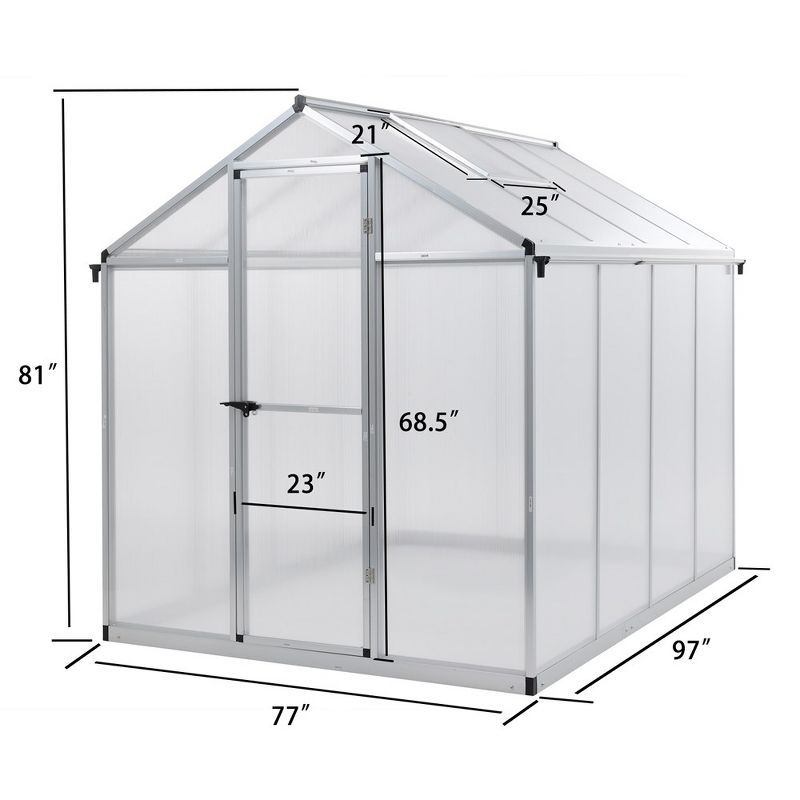 Aoodor 6' x 8' Silver Polycarbonate Walk-In Greenhouse with Aluminum Frame