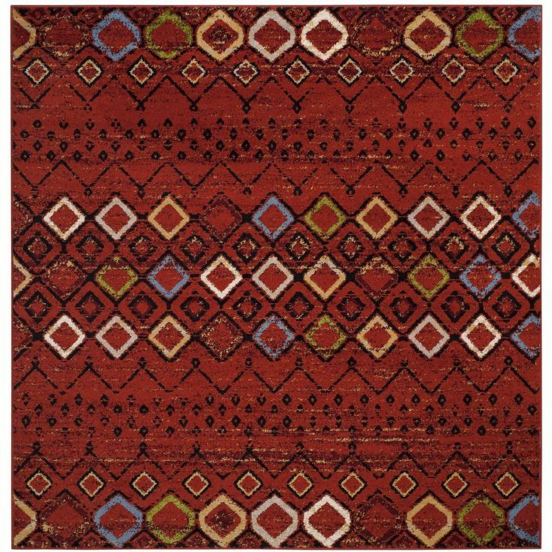 Terracotta & Multi Geometric Square Easy-Care Synthetic Rug