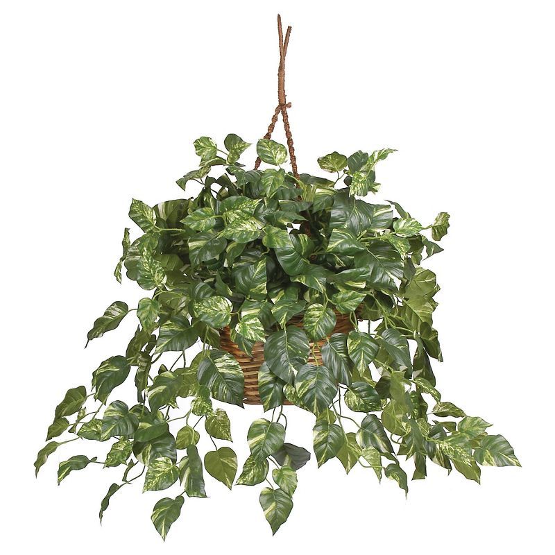 Lifelike Pothos Hanging Basket with Silk Leaves