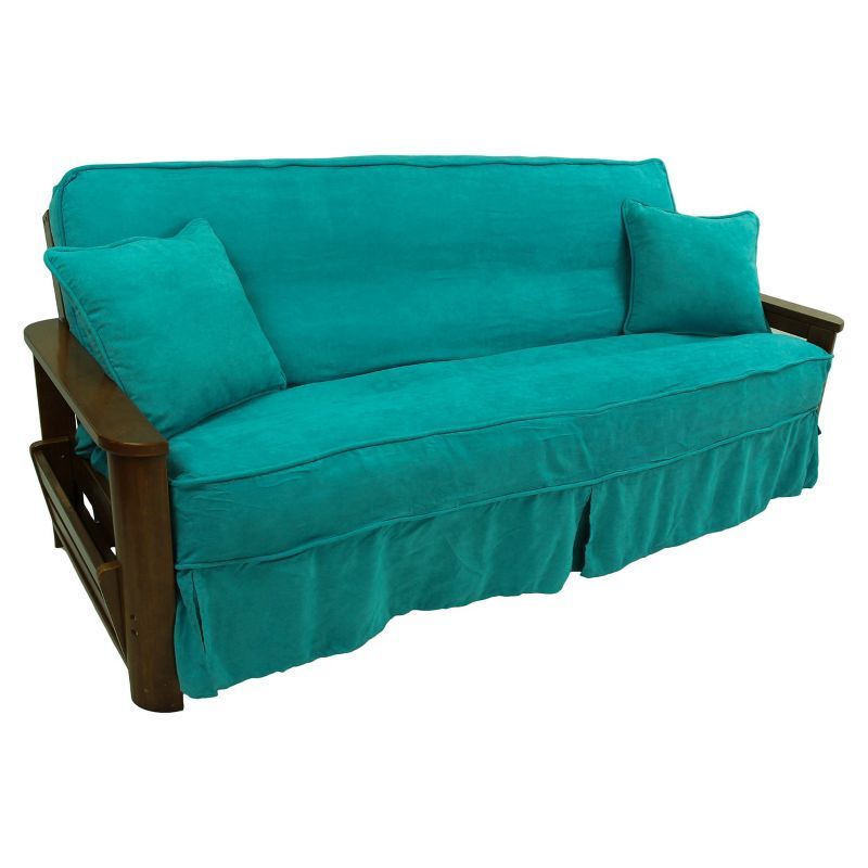 Teal Microsuede Full Futon Slipcover Set with Throw Pillows