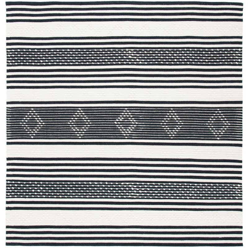 Black and Ivory Striped Wool Cotton Square Rug