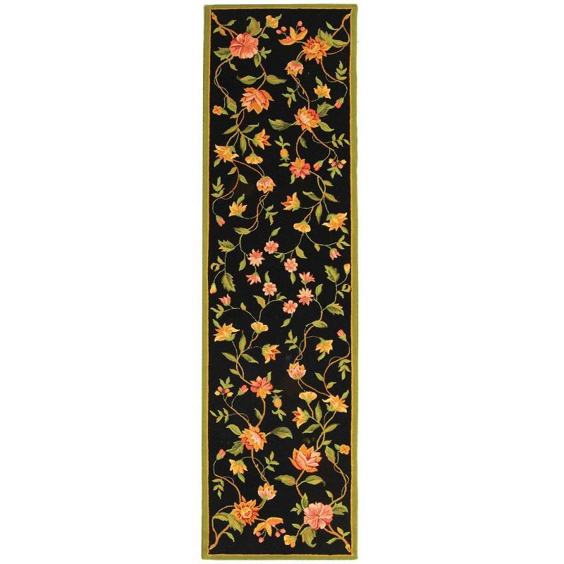 Handmade Black Floral Wool Runner Rug, 2'6" x 10'