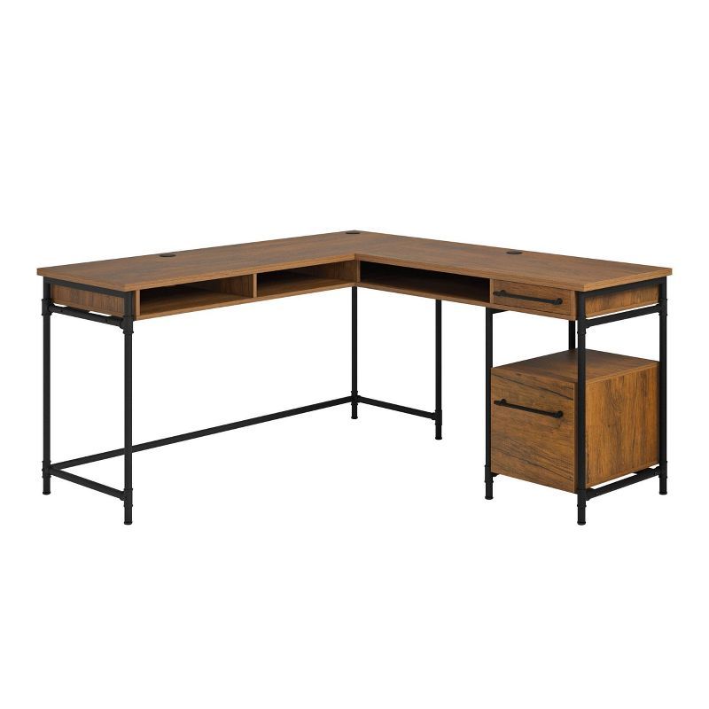 Brown Wood L-Shaped Computer Desk with Drawer and Filing Cabinet