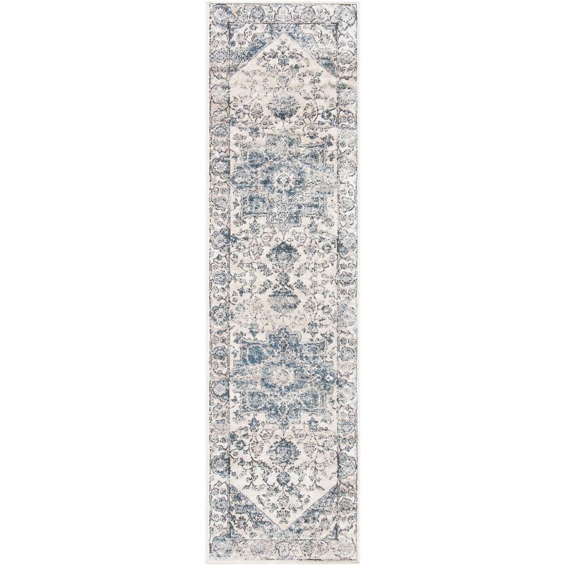 Ivory and Blue Medallion Synthetic Runner Rug