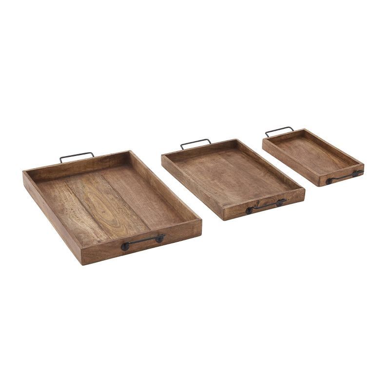 Rustic Brown Mango Wood Rectangular Tray Set with Slot Handles