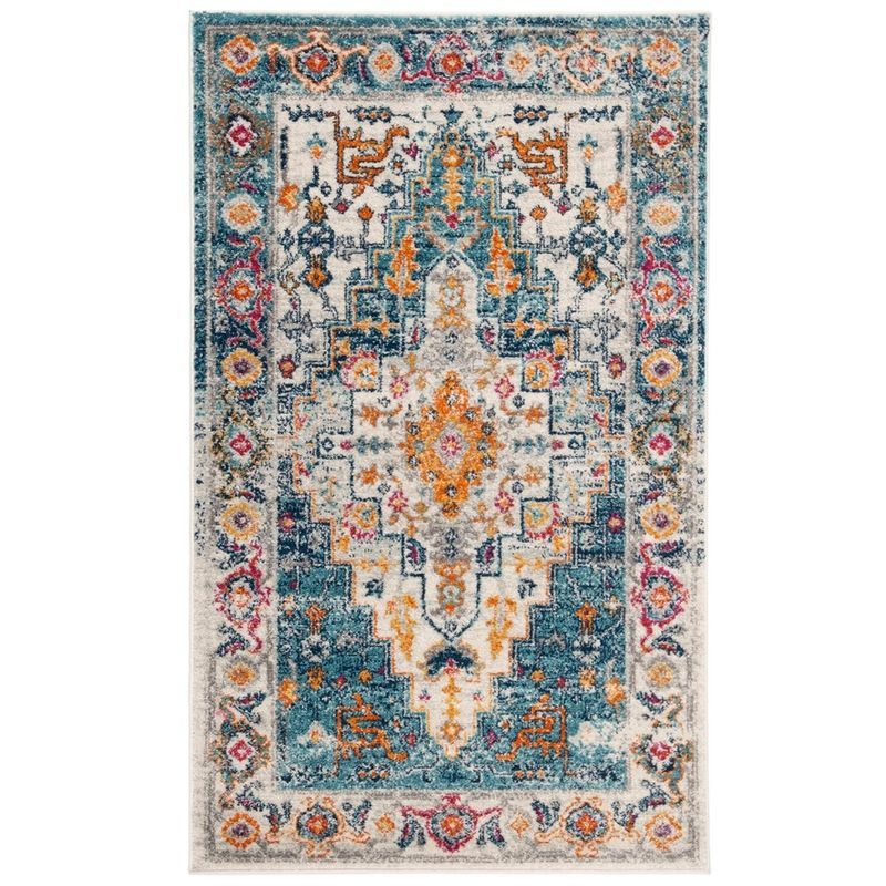 Ivory and Turquoise Floral Motif Rectangular Area Rug, 4' x 6'