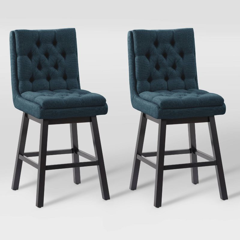 Navy Blue Tufted Counter Height Barstools with Dark Brown Rubberwood Legs - Set of 2