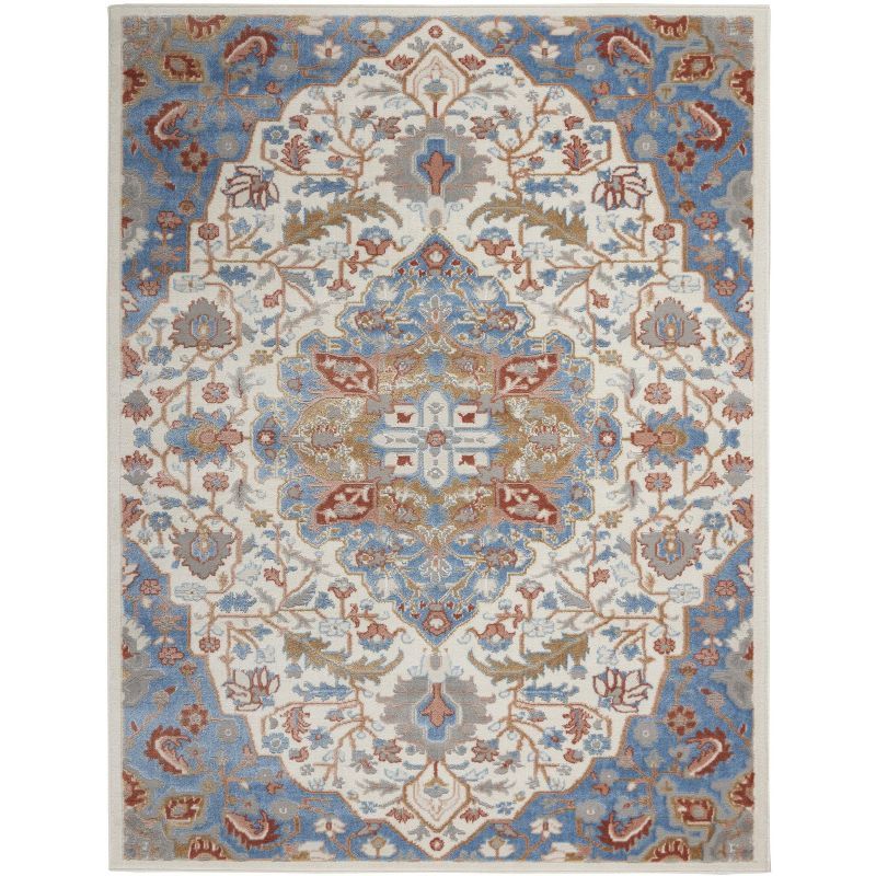 Ivory Blue Floral Medallion 8' x 10' Synthetic Rug