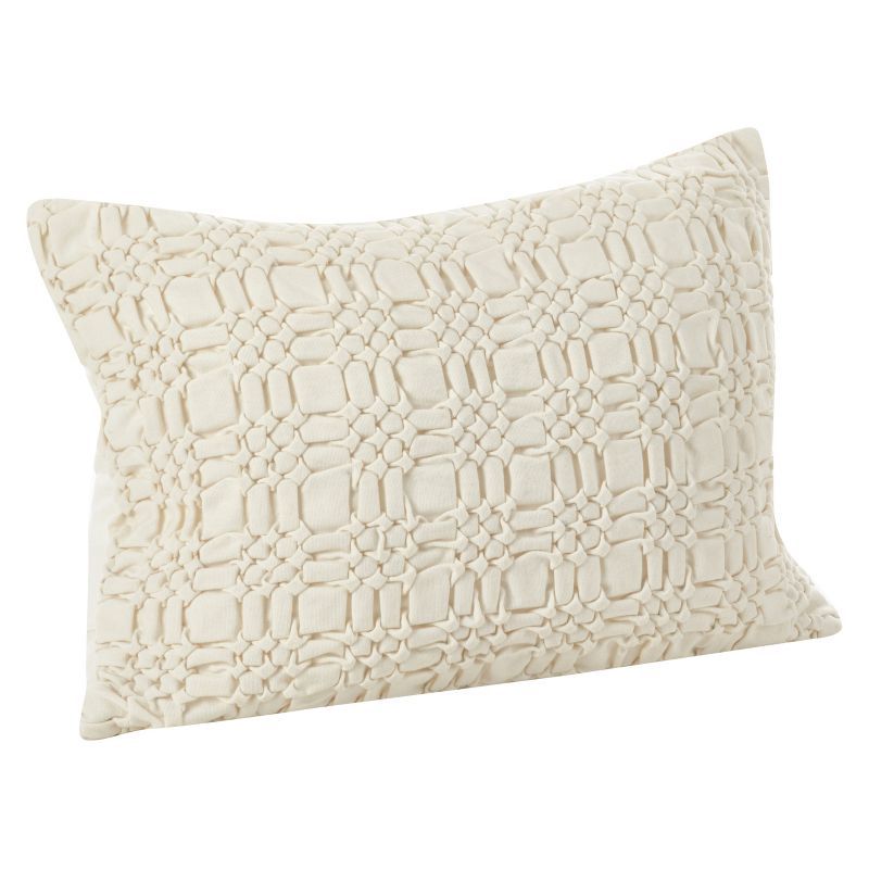 Ivory Cotton Smocked Design Rectangular Throw Pillow