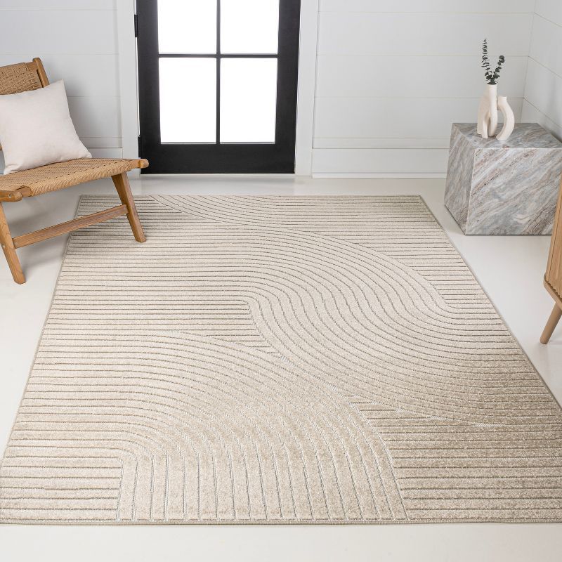 High-Low Geometric Beige and Cream 4' x 6' Synthetic Area Rug
