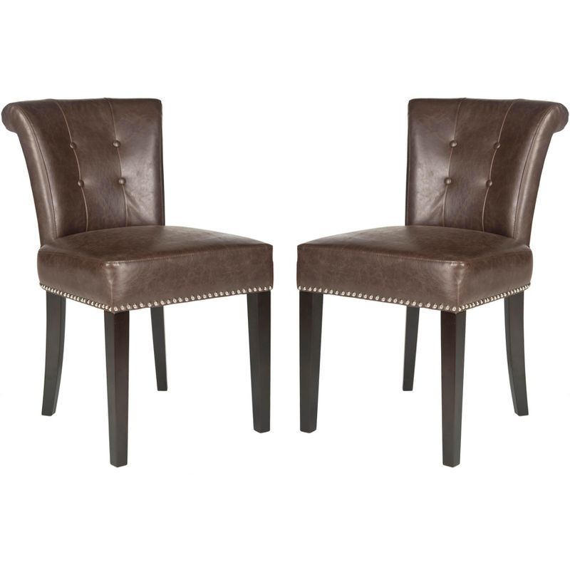 Transitional Antique Brown Leather Parsons Chair with Silver Accents - Set of 2