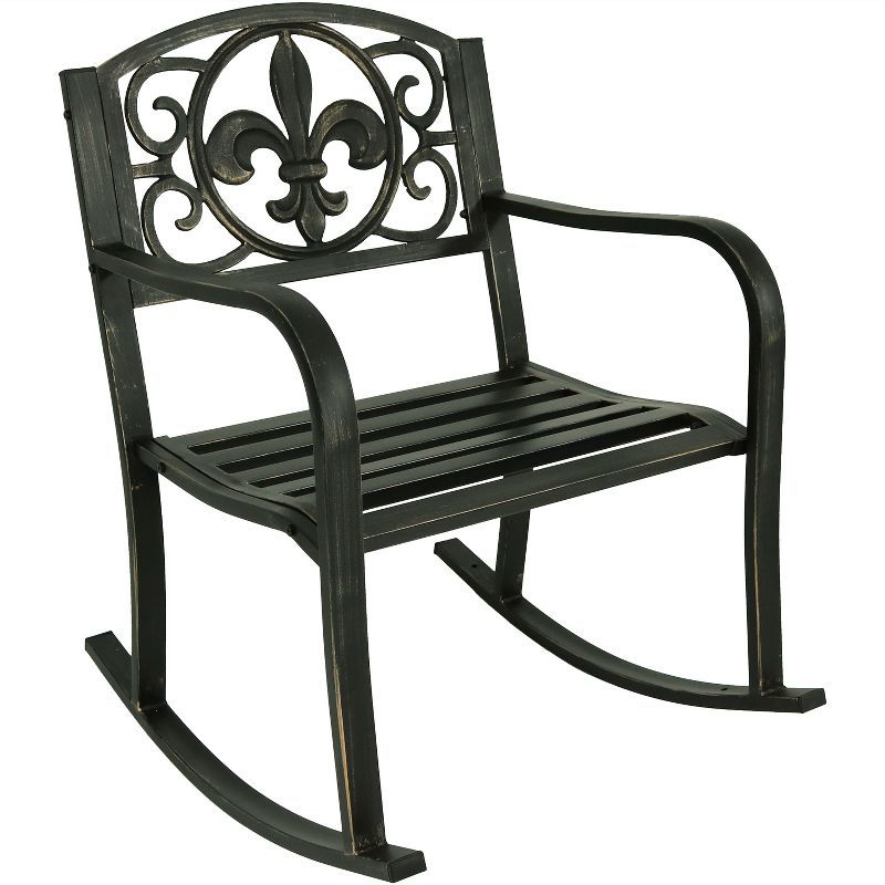 Black Cast Iron and Steel Fleur-de-Lis Outdoor Rocking Chair