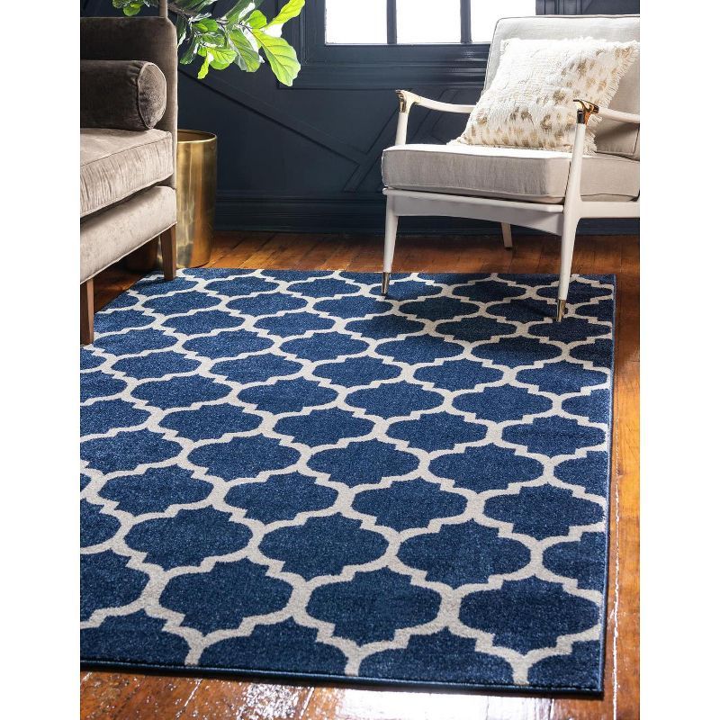 Elegant Dark Blue Trellis 4' x 6' Synthetic Easy-Care Area Rug