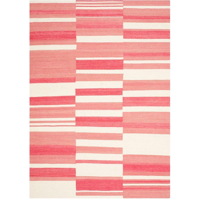 Pink and Ivory Flat Woven Wool Rectangular Rug, 5' x 8'