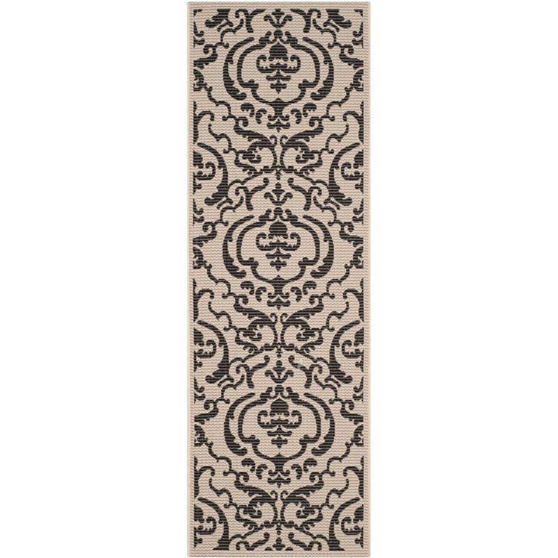 Sand and Black Damask Indoor/Outdoor Runner Rug