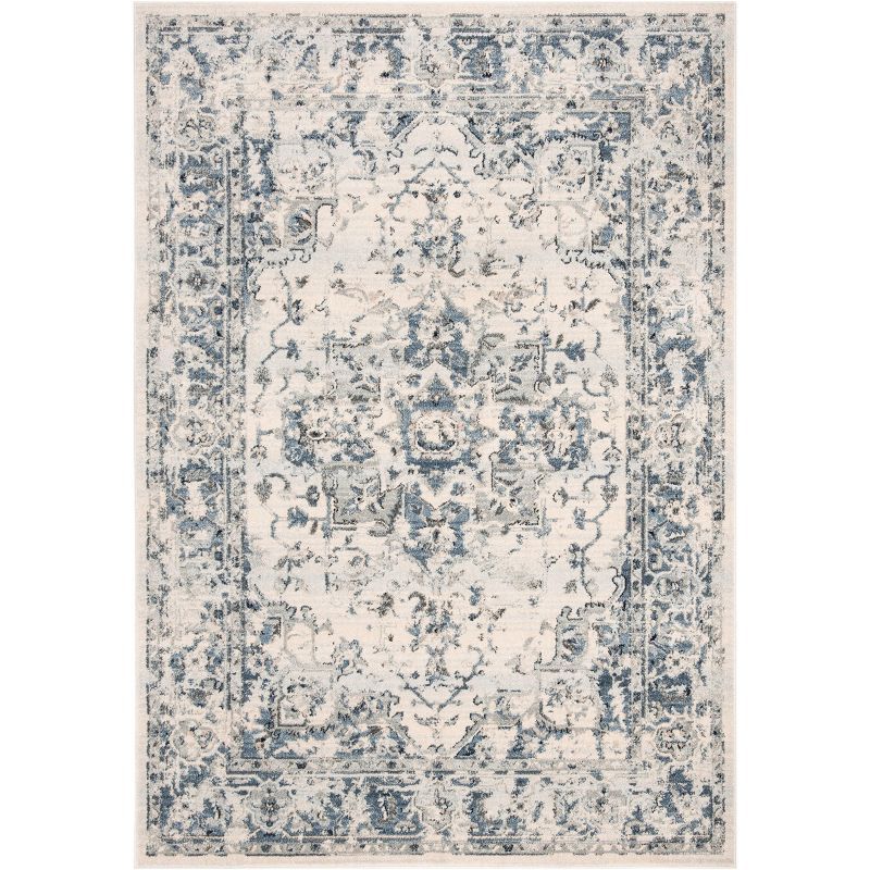 Ivory and Navy Rectangular Synthetic Area Rug