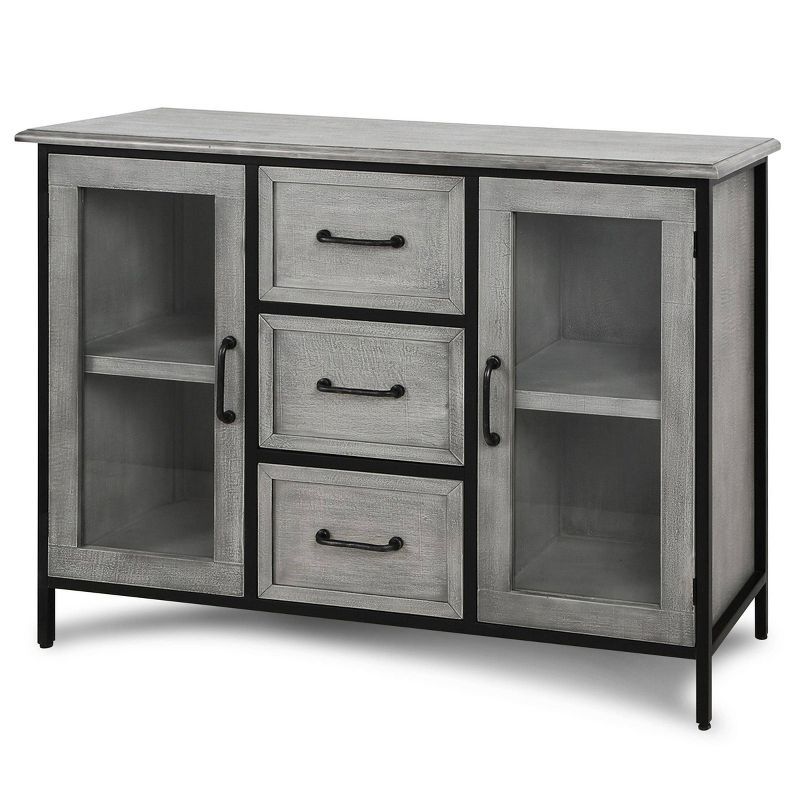 Gray Wood and Metal Cabinet with Glass Doors and Drawers