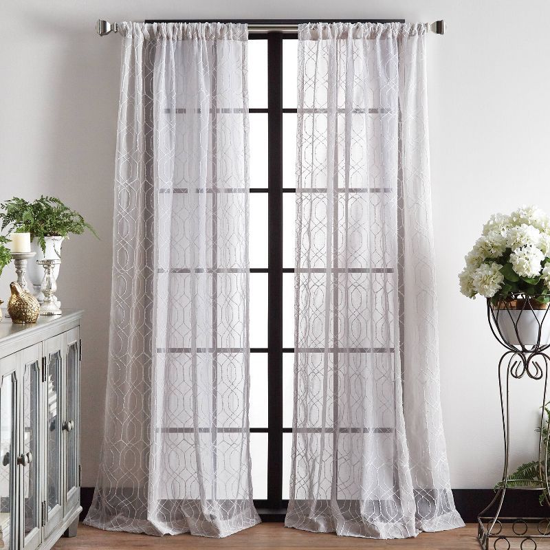 Silver Hourglass Embroidery Sheer Rod Pocket Curtain Panels