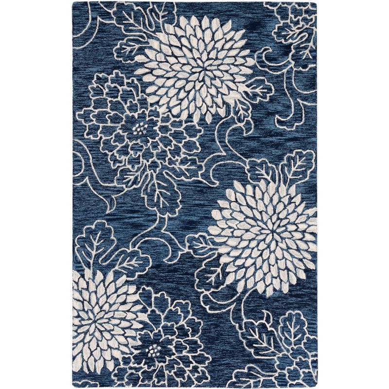 Navy and Ivory Floral Hand-Tufted Wool 6' x 9' Area Rug