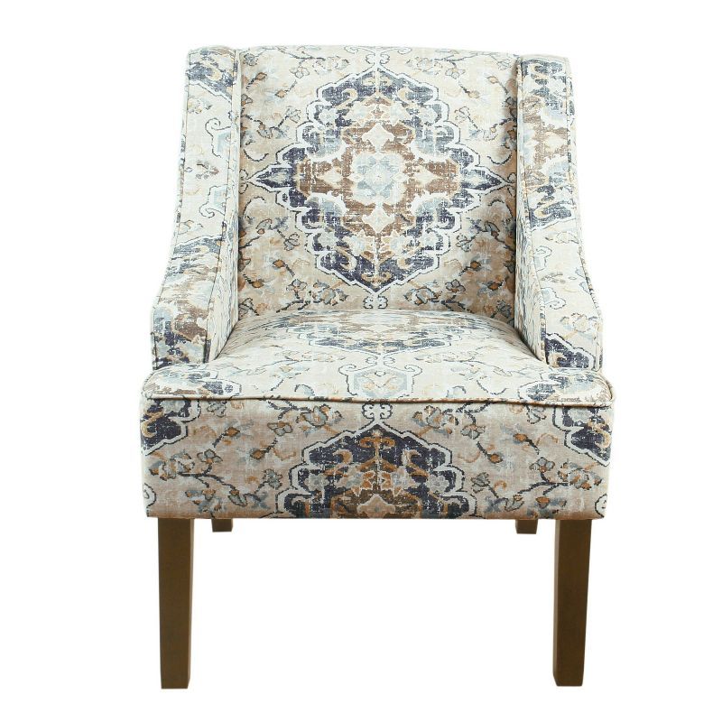 Geometric Patterned Off-White Swoop Arm Accent Chair with Wood Legs