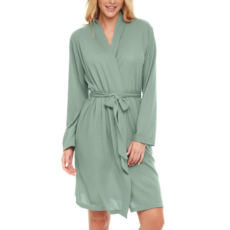 Sage Waffle Knit Medium Wrap Robe with Pockets