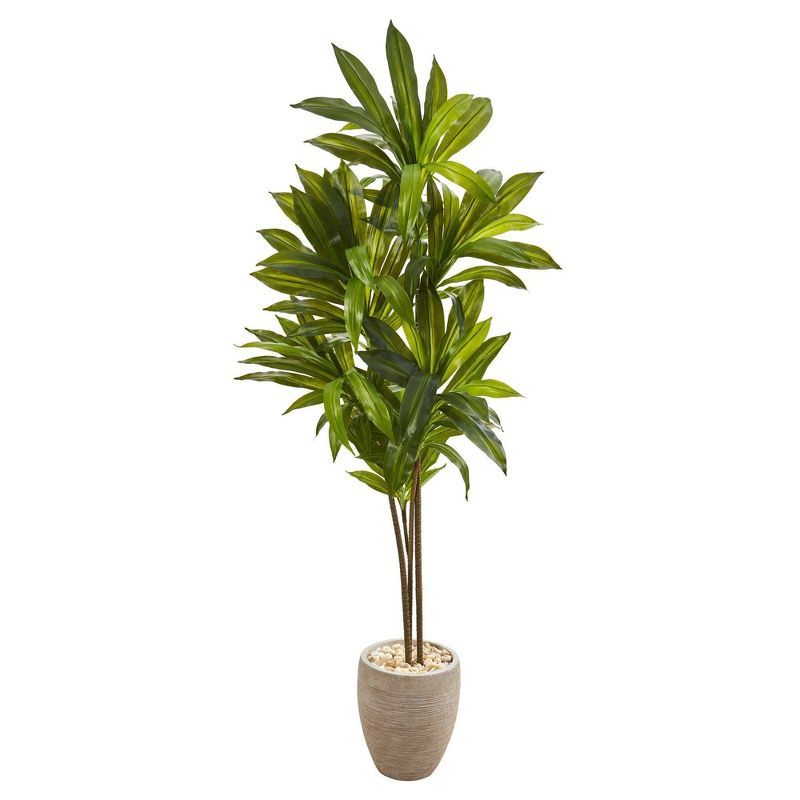 Tropical Dracaena Silk Plant Arrangement in Sand-Toned Planter