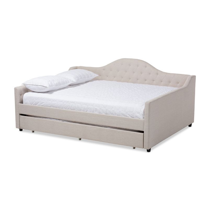 Light Beige Full Upholstered Daybed with Trundle and Tufted Headboard