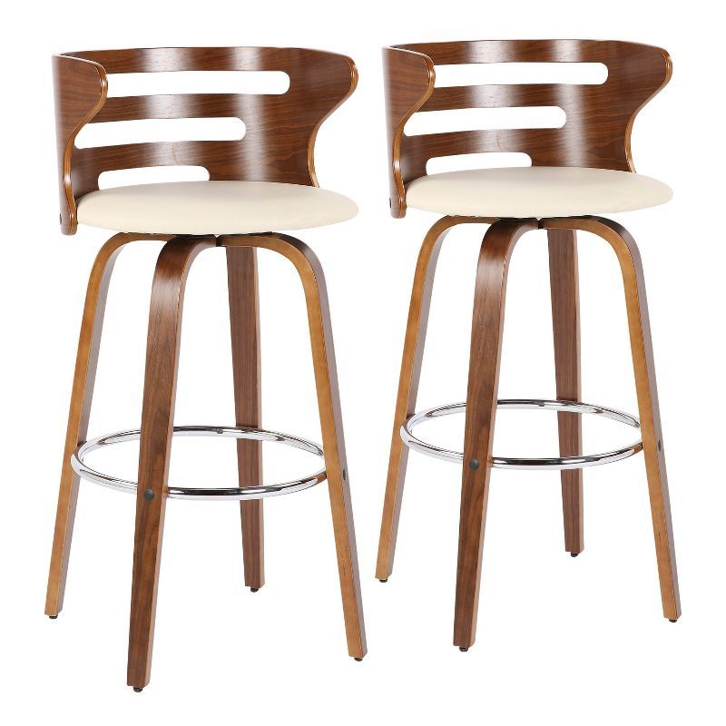 Mid-Century Modern Cream Leather Swivel Bar Stool with Walnut Wood