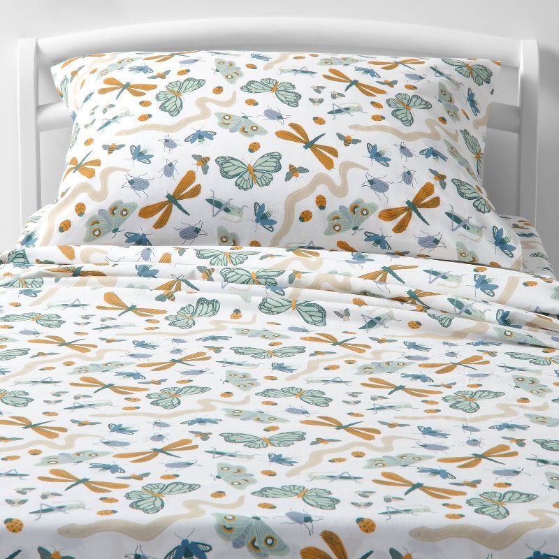 Full Blue Insect Print Cotton Percale Kids' Sheet Set