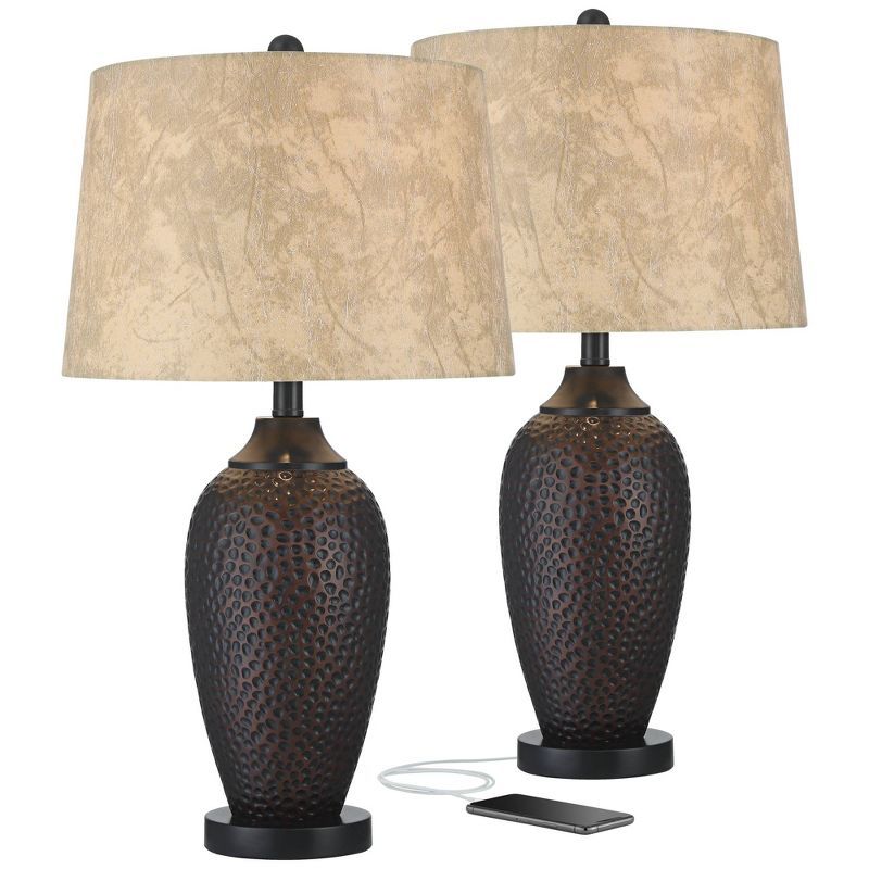 Set of 2 Hammered Bronze Table Lamps with USB Ports and Faux Leather Shades