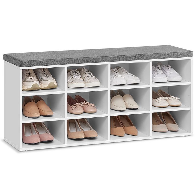 White and Gray 12-Cubby Shoe Storage Bench with Cushion