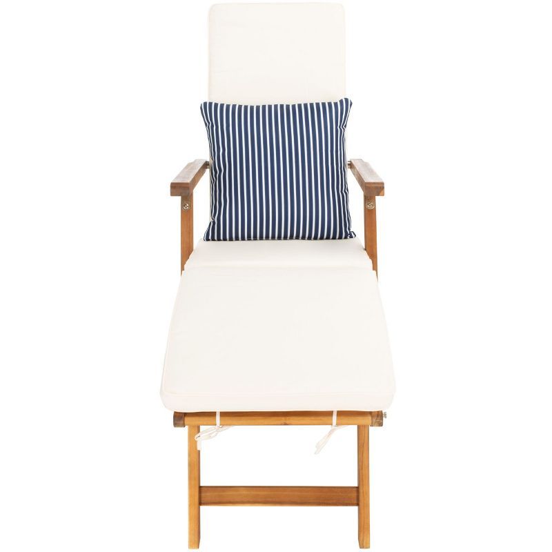 Acacia Wood White Chaise Lounge Chair with Striped Pillow