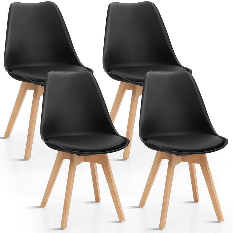 Set of 4 Black Upholstered Leather Side Chairs with Wood Legs