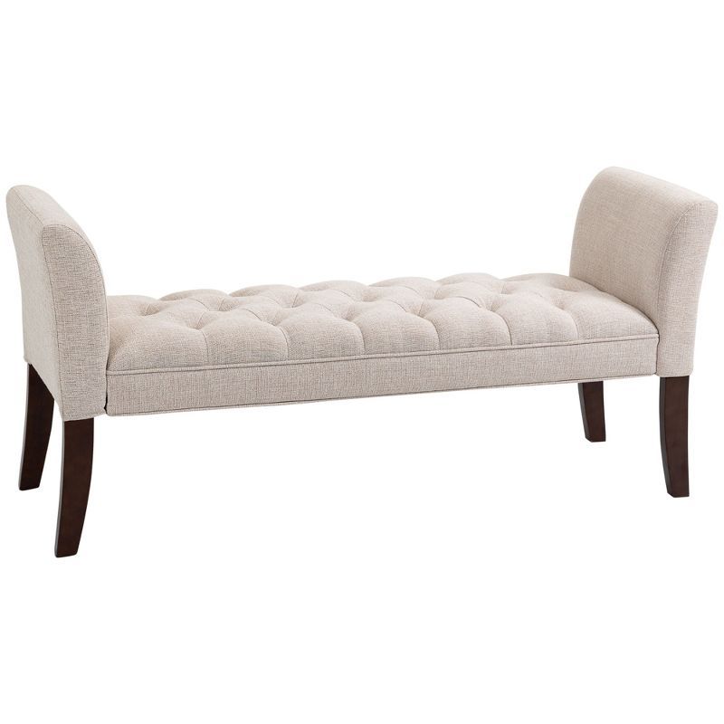 Beige Upholstered Bench with Flared Arms and Wood Legs