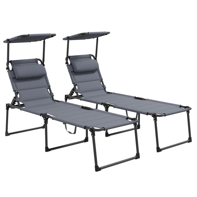 Gray Adjustable Outdoor Chaise Lounge Chairs with Cushions and Sunshade