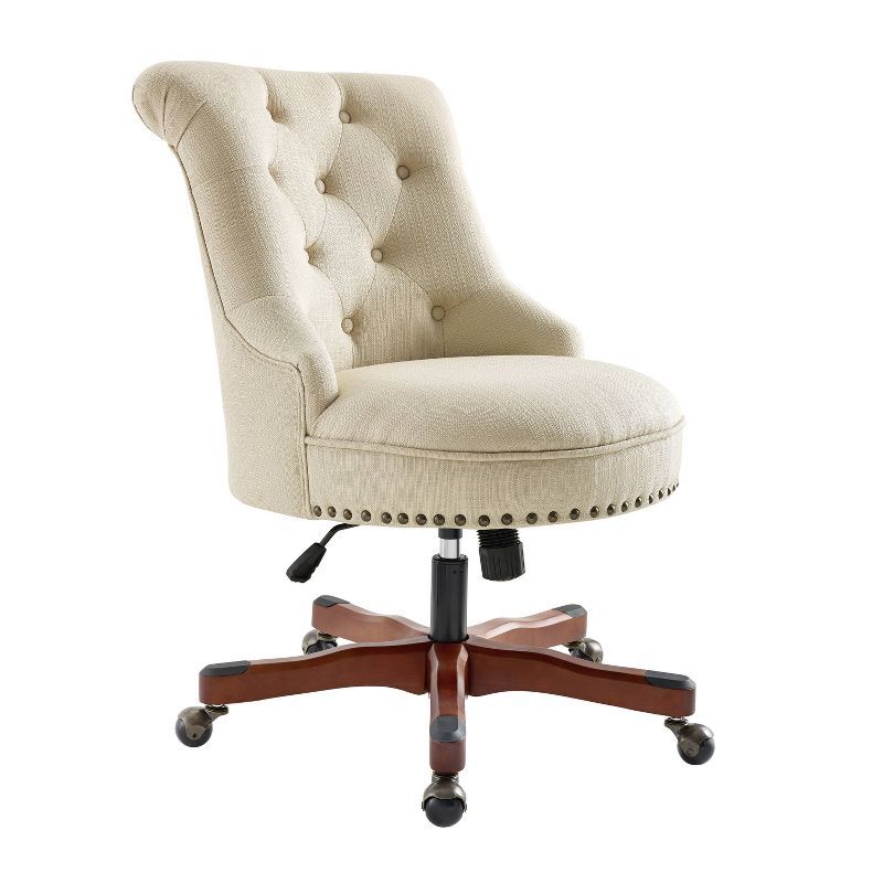 Beige Fabric Ergonomic Swivel Office Chair with Wood Base