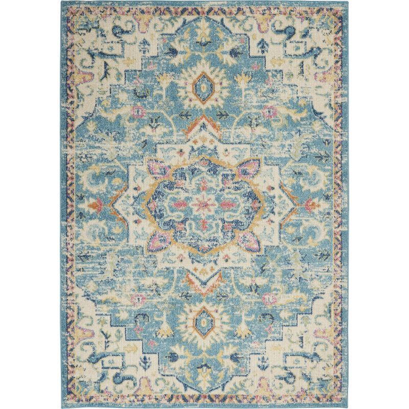 Ivory and Turquoise Floral Power-Loomed 6'7" x 9'6" Area Rug