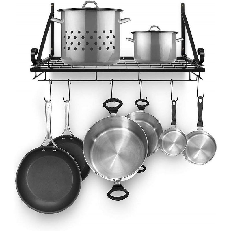 Black Metal Wall-Mounted Pot and Pan Rack with Hooks