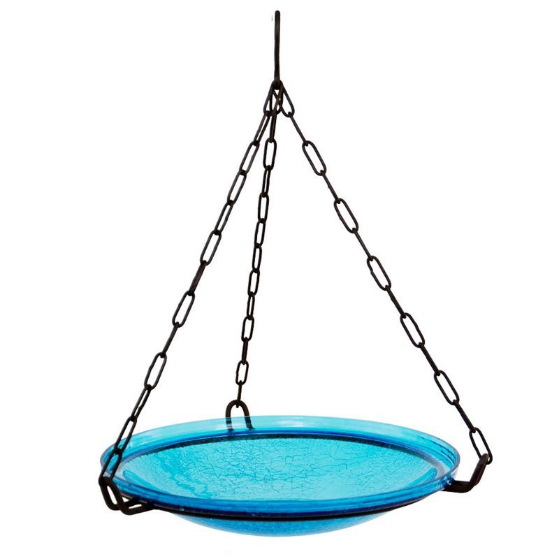 Teal Blue Crackle Glass Hanging Birdbath Bowl with Iron Chain