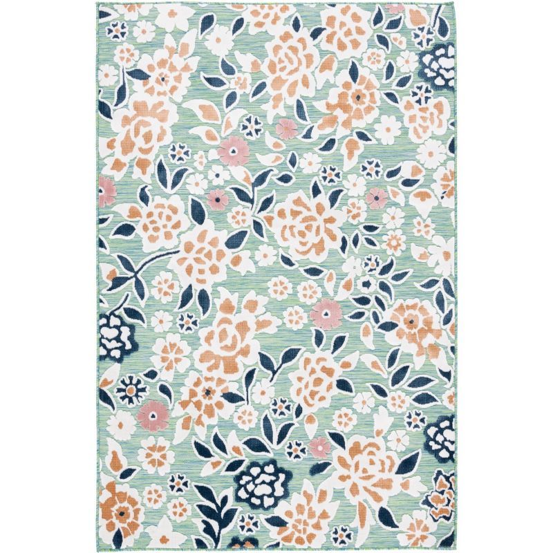 Floral Green & Navy Round Synthetic 8' x 10' Area Rug