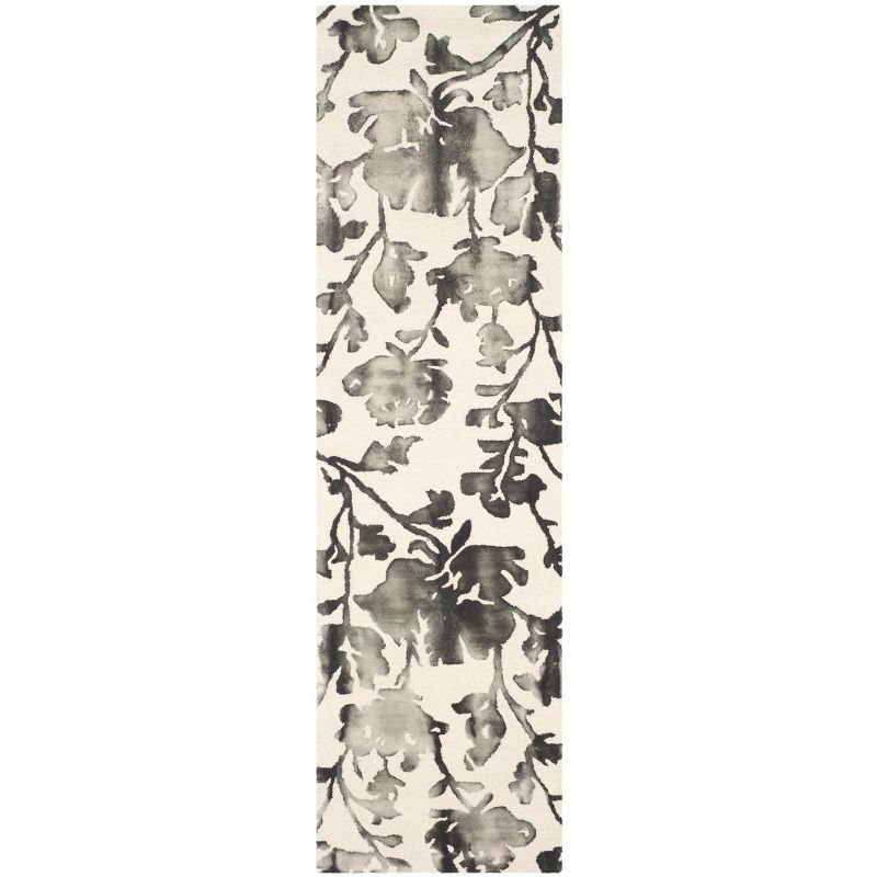 Ivory Charcoal Distressed Floral Hand-Tufted Wool Runner Rug