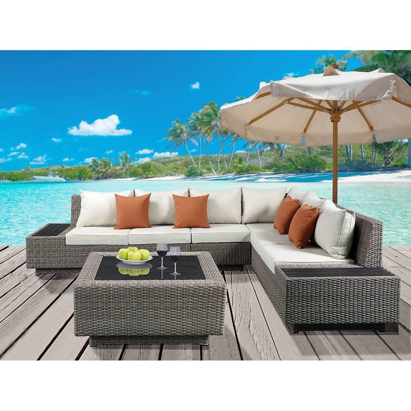 Salena Beige Fabric and Gray Wicker Patio Sectional with Cocktail Table