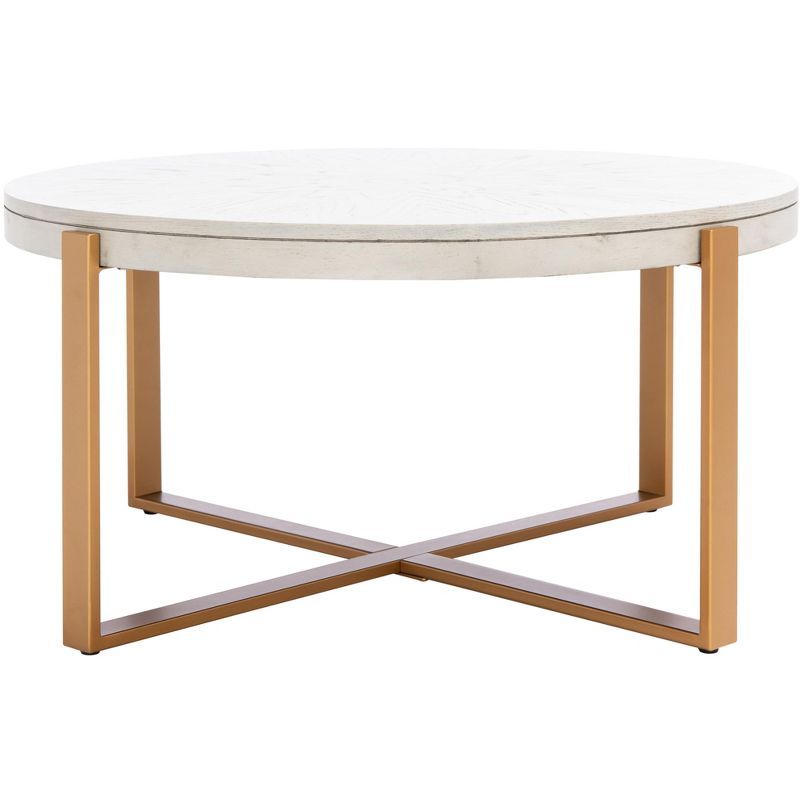 Navya Round Whitewashed Wood and Gold Metal Coffee Table