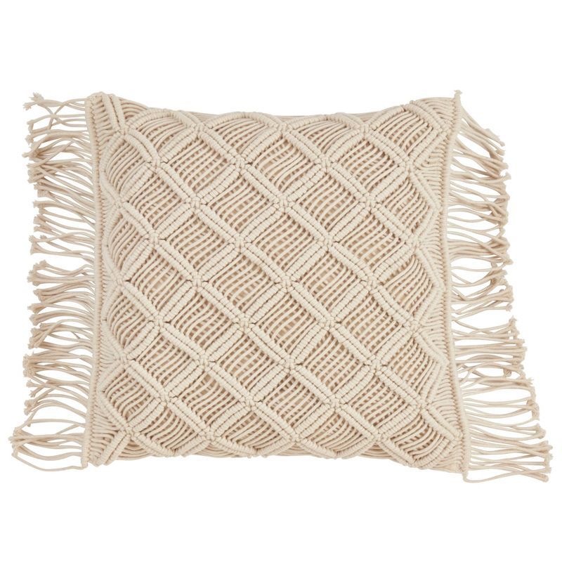 18" Beige Macramé Down Filled Square Throw Pillow